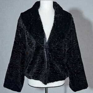 90’s Vintage Cejon Black Faux Fur Lambswool Glam Goth Waist Length Coat Jacket M